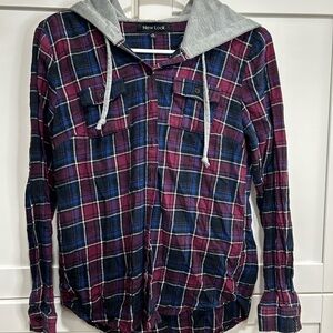 Plaid Hooded Shirt with Blue and Purple